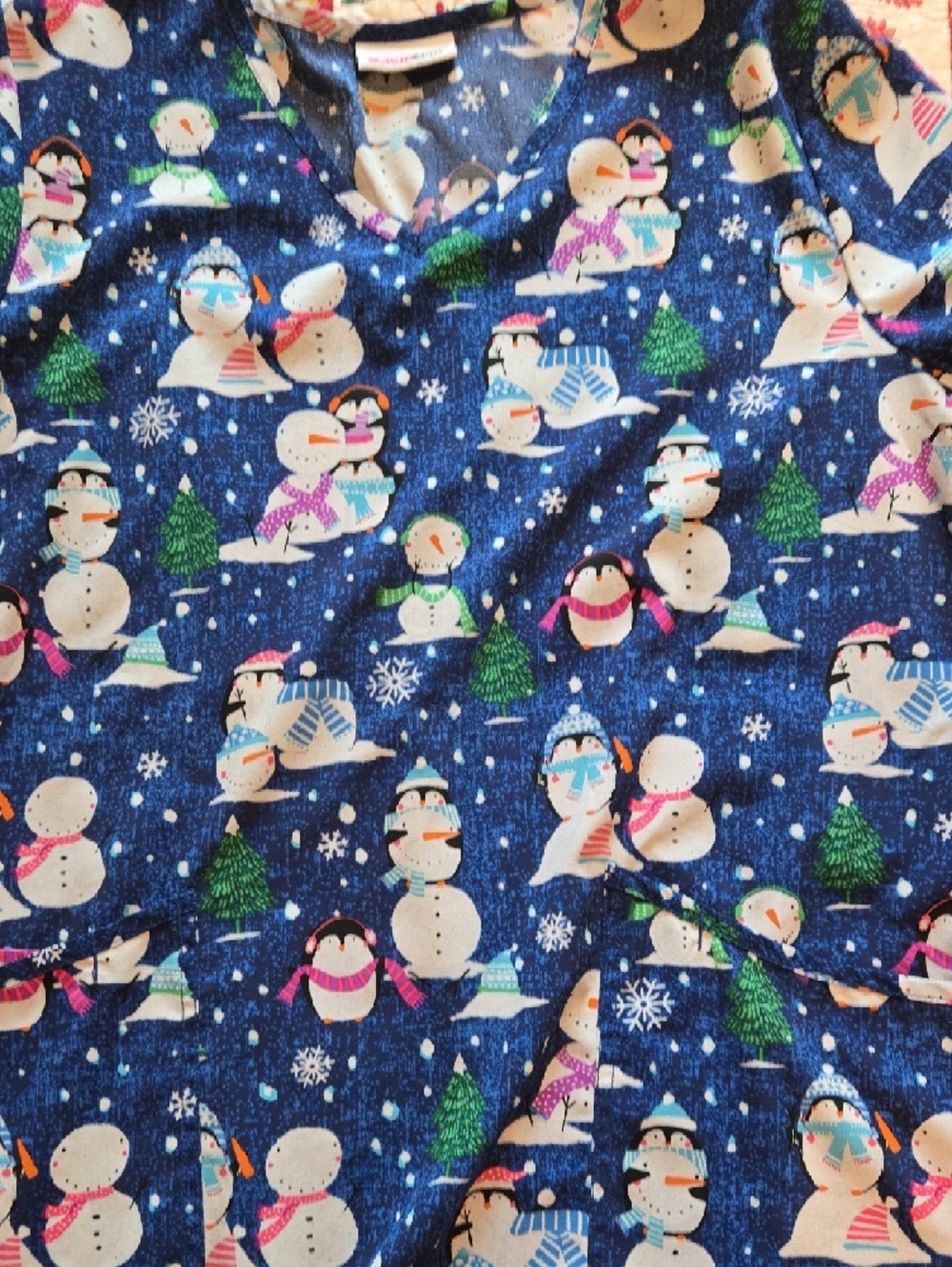 Scrubstar Holiday Winter Penguin Scrub Top in Blue Medium
